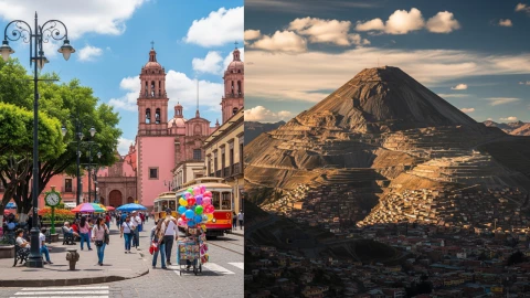 Montaje fotográfico que muestra la conexión histórica entre México y Bolivia. A la izquierda, la catedral barroca de San Luis Potosí; a la derecha, el Cerro Rico de Potosí, la mina de plata que dio origen al nombre de la ciudad mexicana.