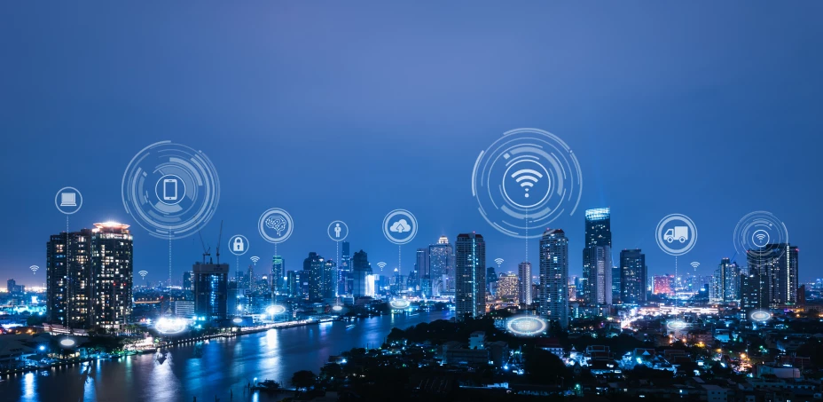 Cityscape with connecting dot technology of smart city conceptua