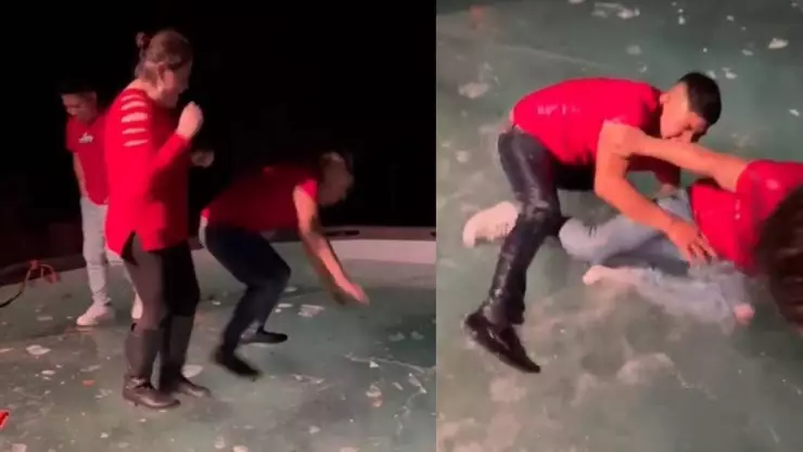 VIDEO Familia baila sobre alberca congelada y azota en el agua helada