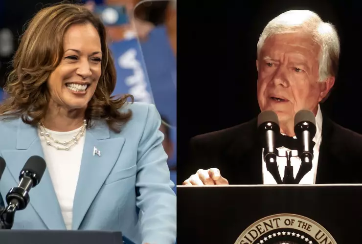 A la izquierda, la vicepresidenta de EU Kamala Harris. A la derecha, el exmandatario Jimmy Carter.