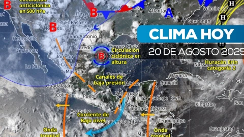 Mapa satelital del clima en México para el 20 de agosto de 2025.