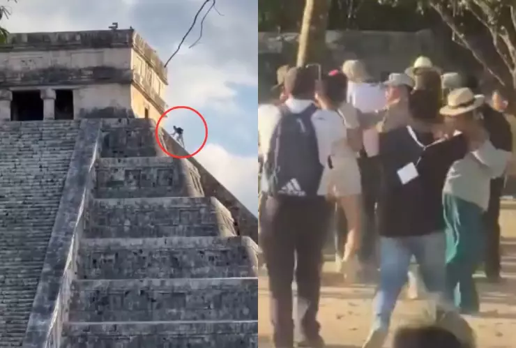 VIDEO | Turista sube la pirámide de Chichén Itzá y es golpeado por una multitud tras bajar