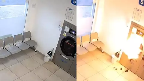 VIDEO: Lavadora explotó en lavandería porque metieron encendedor