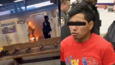 La terrorífica imagen de una mujer que presuntamente fue quemada viva por un hombre en el metro de Nueva York. A lado del presunto responsable.