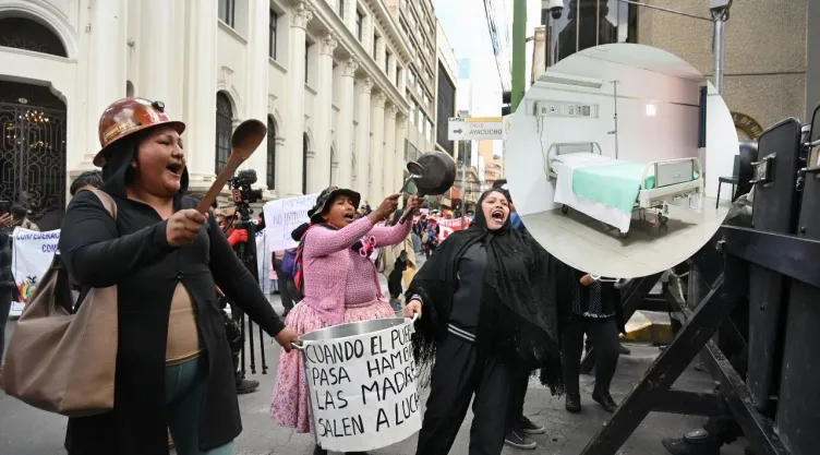 Protestas en Bolivia y foto de cama de hospital.