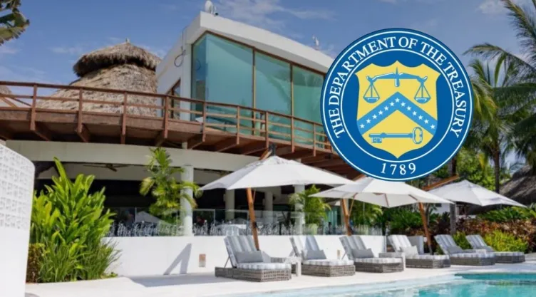 Foto del tiempo compartido Kovay Gardens y logo del Departamento del Tesoro.