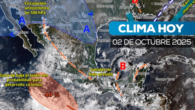 Mapa satelital de cómo estará el clima en México, 2 de octubre de 2025.