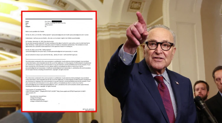 De fondo: El líder de la minoría del Senado de EE. UU., Chuck Schumer (D-NY), responde una pregunta mientras habla con los periodistas después del almuerzo semanal sobre políticas del grupo parlamentario demócrata del Senado en el Capitolio de EE. UU. en Washington, DC, EE. UU.
En un marco rojo: En esta imagen, publicada por el Departamento de Justicia en Washington, D.C., EE. UU., el 30 de enero de 2026, se muestra un intercambio de correos electrónicos con Elon Musk. Esta imagen forma parte de un nuevo conjunto de documentos de sus investigaciones sobre el difunto financiero y delincuente sexual convicto Jeffrey Epstein . Departamento de Justicia de EE. UU.