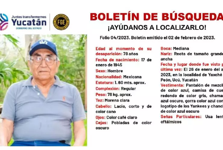 FGE emite boletín de búsqueda por adulto mayor desaparecido