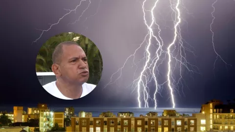 Foto de rayo cayendo sobre ciudad y de Juan Ocaña Serrano, hombre en Puerto Rico que sobrevivió a la caída de un rayo.