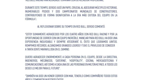 menaje de checo pérez a red bull por su salida