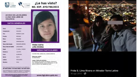 La ficha de búsqueda de Frida Sofía, junto a una foto que subió a sus redes sociales donde se ve Miguel “N”