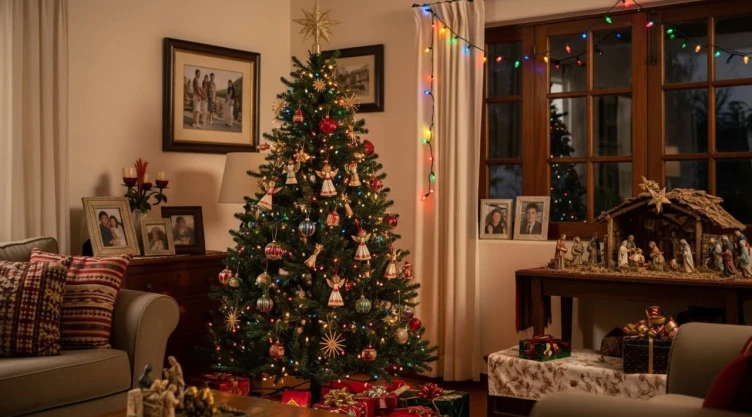 un árbol de navidad decorado en un hogar mexicano y acompañado de un nacimiento así como regalos