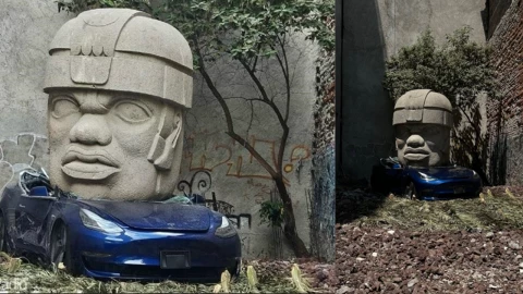 cabeza olmeca aplastando un tesla colonia roma cdmx explicación