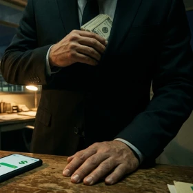 Un hombre en traje, cuyo rostro no es visible, guarda un fajo de billetes de dólares en la bolsa interior de su saco en una oficina oscura. Sobre un escritorio de madera hay un teléfono inteligente mostrando un chat de mensajería (simil WhatsApp) con símbolos de pesos. Al fondo, a través de una ventana, se ve una refinería de petróleo iluminada de noche, evocando el contexto de los sobornos en Pemex negociados por mensaje.
