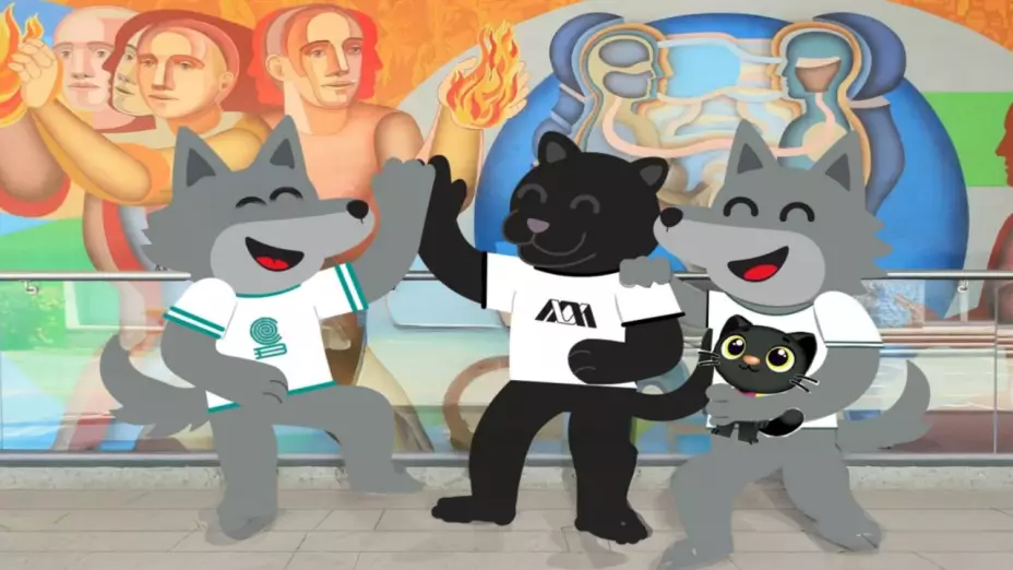 Las mascotas del Colegio de Bachilleres chocando las manos con la mascota de la UAM en celebración del pase directo.