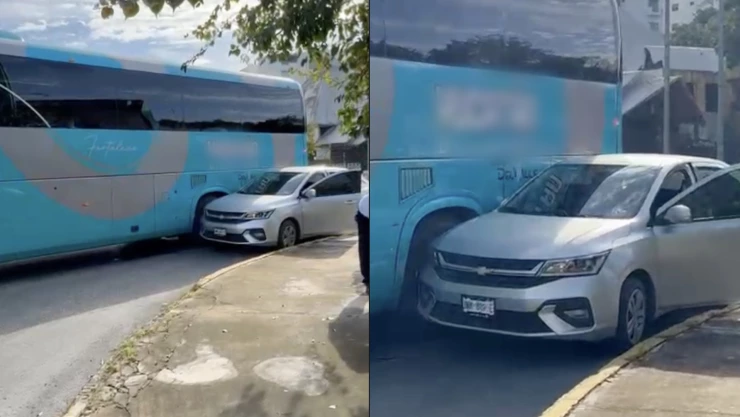 ¡Lo APLASTÓ! Se reporta accidente entre autobús y vehículo particular en Av. Javier Rojo Gómez en Cancún