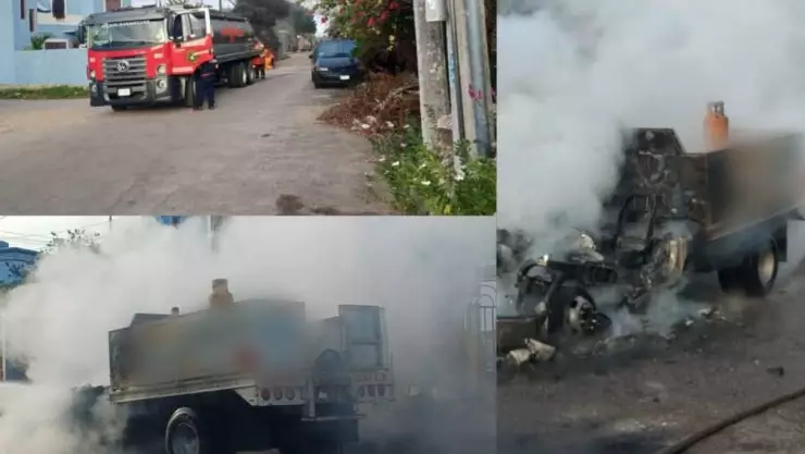 Sofocan incendio de camioneta de gas LP en Kanasín; así fue el momento