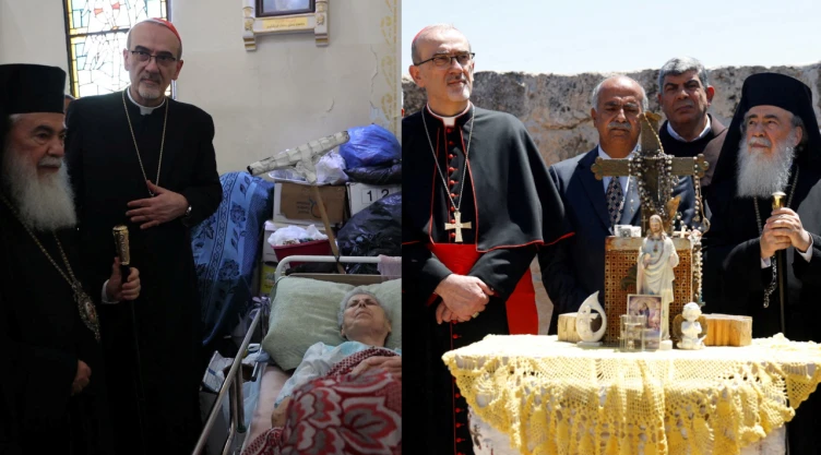 El patriarca latino de Jerusalén, el arzobispo Pierbattista Pizzaballa y el patriarca ortodoxo grieg visitan la ciudad de Taybeh, un pueblo cristiano en Cisjordania ocupada por Israel