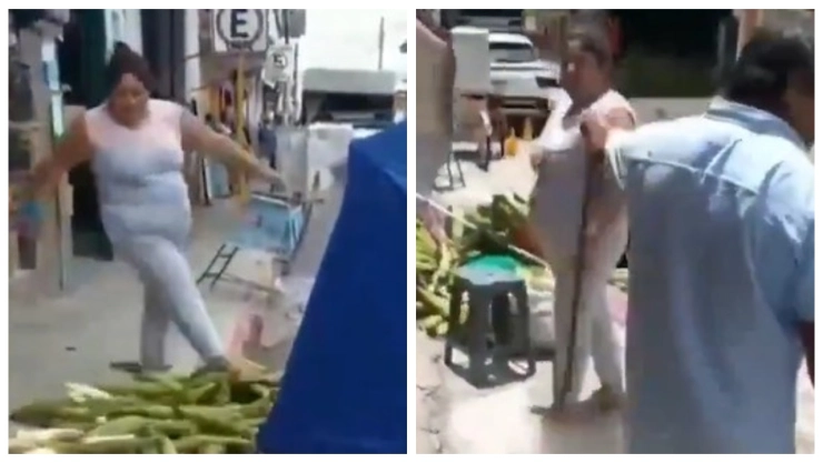 Surge ‘Lady Elotes’ en Misantla, Veracruz_ Mujer destruyó y pateó puesto ambulante de elotes. En la imagen se observa a una mujer molesta que explota contra vendedor ambulante; le tira su puesto y patea su mercancía.
