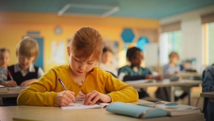 Una niña escribe en su pupitre en una clase