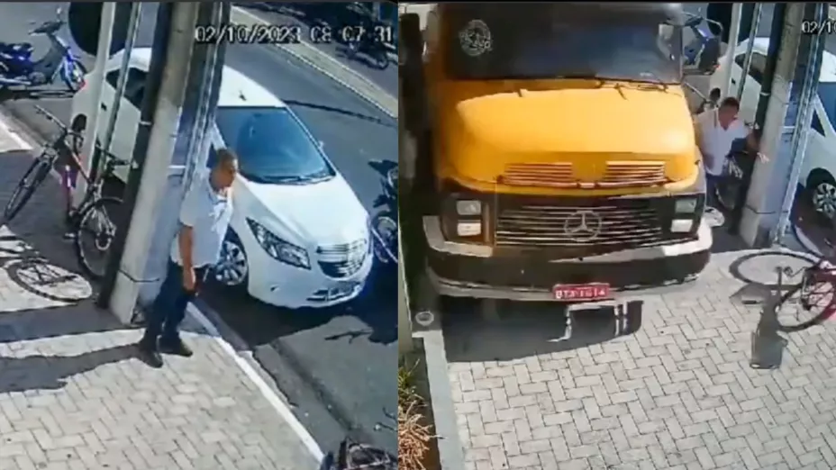 VIDEO: ¡Vivió para contarlo! Camión de carga transita sobre banqueta y casi atropella a un hombre