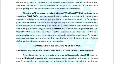 Carta de Delia Quiroa por la liberación de José Ventura Castillo Ramírez