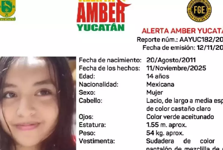 ¡Activan Alerta AMBER en Izamal! Buscan a menor de 14 años de edad desaparecida