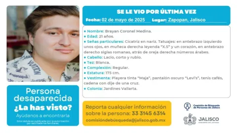 Ficha de búsqueda de Brayan Coronal, sinaloense desaparecido en Jalisco