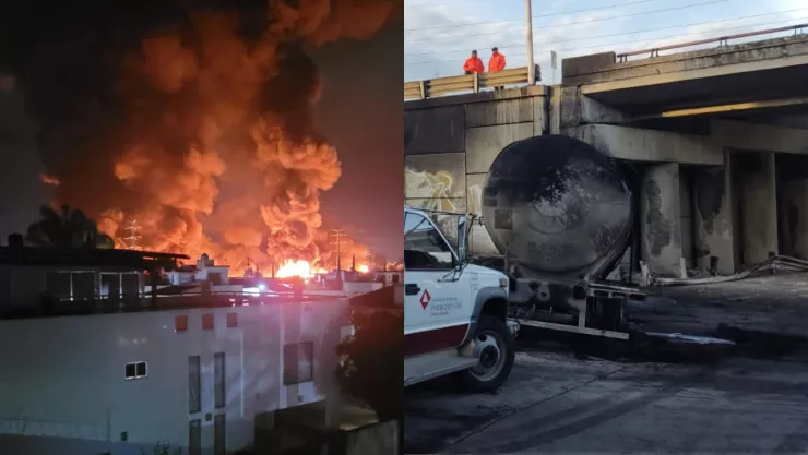 explota pipa de gas en Puebla, a lo lejos se observan las enormes columnas de fuego y humo