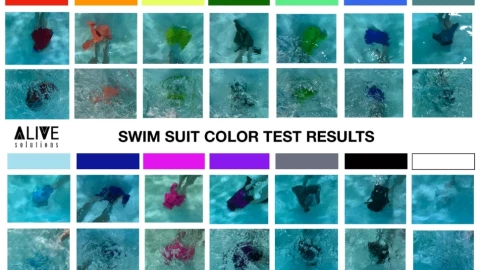 El traje de baño azul y blanco no se ven en una alberca.