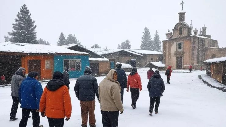 (Imagen generada con Inteligencia Artificial) Una nevada en México obliga a los habitantes a protegerse del intenso frío.