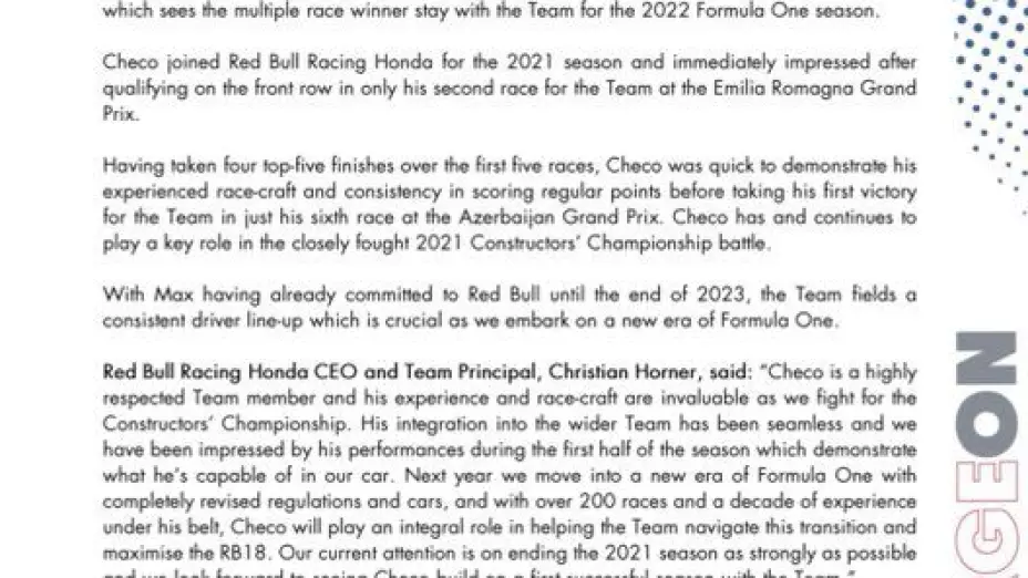 Red Bull Racing anunció la extensión de contrato con Sergio “Checo” Pérez
