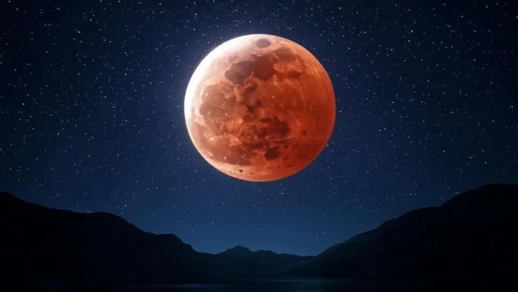 (Imagen generada con inteligencia artificial) El eclipse lunar de 2025 en su máximo esplendor, la Luna de Sangre