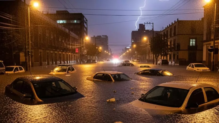 (Imagen realizada con IA) Autos inundados por las fuertes lluvias en CDMX.