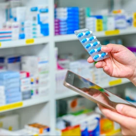 Postal de un farmacéutico que visualiza recetas en una farmacia