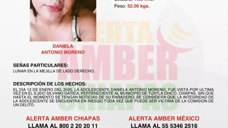 ALERTA AMBER CHIAPAS: Daniela Antonio Moreno desapareció en Tuxtla Chico