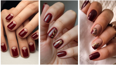 diseños de uñas vino con dorado cortas