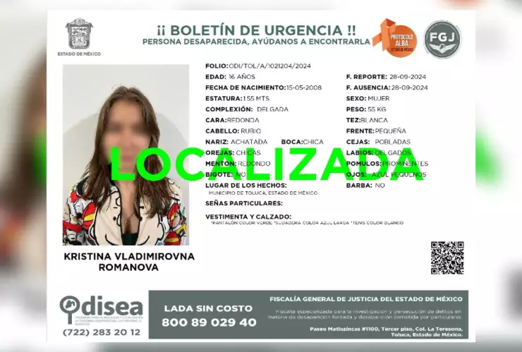 Kristina Romanova fue reportada como desaparecida en septiembre.