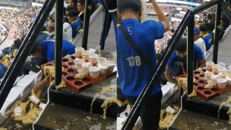 VIDEO ¡Mi primera chamba! Vendedor de sopas tira toda la charola en partido en el Estadio Azteca