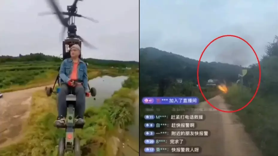 Influencer Tang Feiji en un helicóptero ultraligero en China