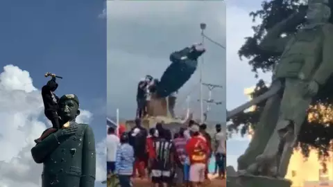 ¡Pueblo enojado! Derriban estatuas de expresidente Hugo Chávez en Venezuela.jpg