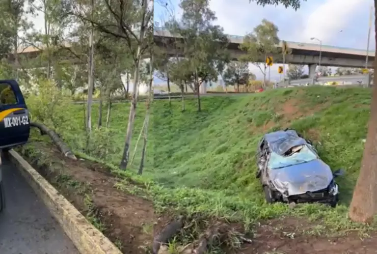 auto termina volcado en el área verde entre las avenidas de Periférico e Insurgentes