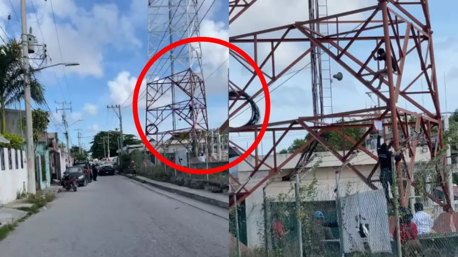 Joven se sube a una torre en la región 91 de Cancún y amenaza con tirarsE