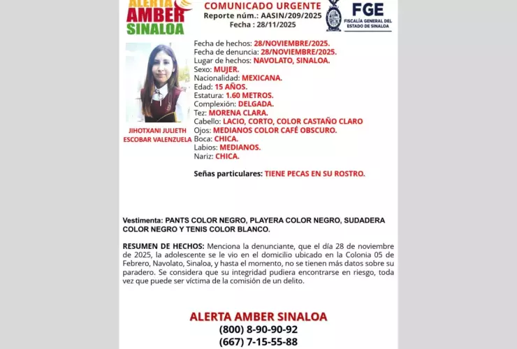 Jihotxani, adolescente desaparecida en Navolato