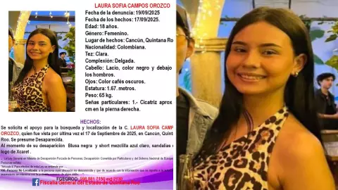 ¡Alerta! Desaparece Laura Sofía Campos Orozco, mujer colombiana de 18 años de edad, en Cancún: Esto se sabe
