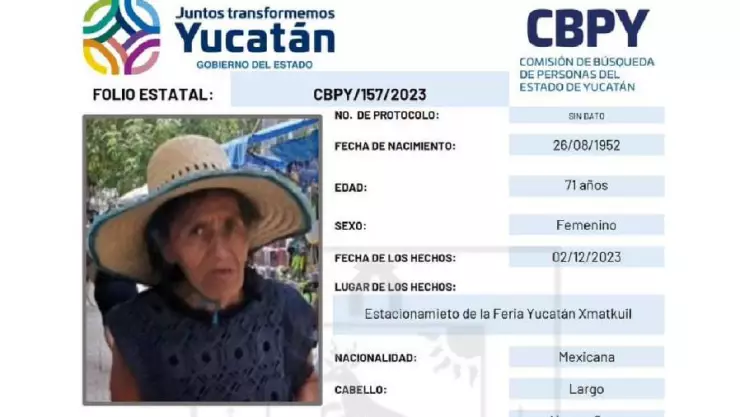 Activan boletín de búsqueda en Yucatán para localizar a la señora María Agripina García Martinez