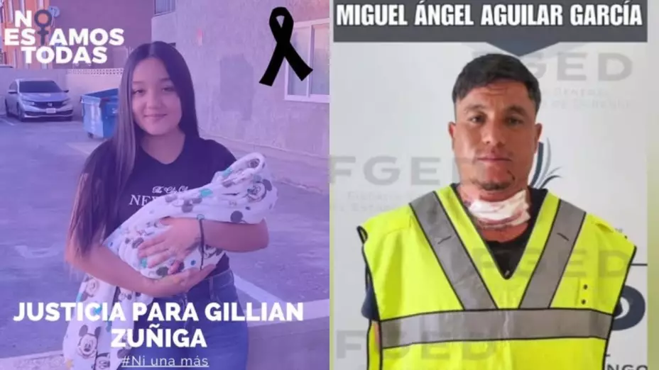 Mujer víctima de feminicidio en Durango cargando a su bebé y un hombre detenido acusado del feminicidio de su expareja