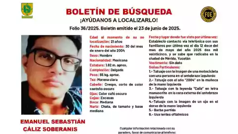 Boletín de búsqueda en Yucatán_ Desaparece Emanuel Sebastián de 21 años,lleva casi dos meses ausente