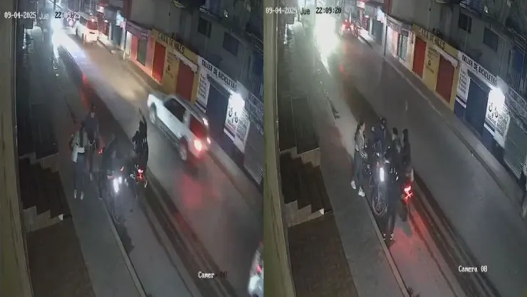 Una cámara de seguridad capta el momento de un asalto en calles de Ecatepec. Tres sujetos abordo de una moto se llevaron las pertenencias de una pareja que se iba a subir a su moto.